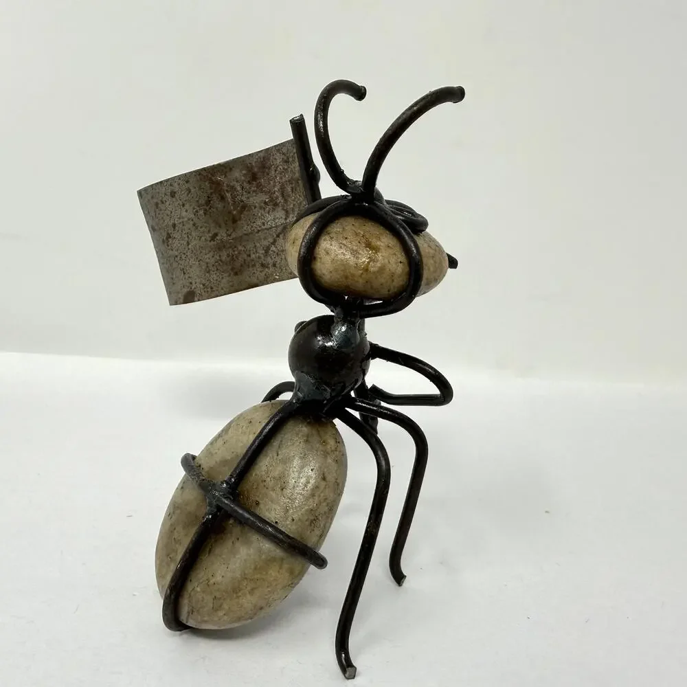 Vintage Metal Ant Sculpture Pebble Stone Folk Art Desk Decor Rustic Rare